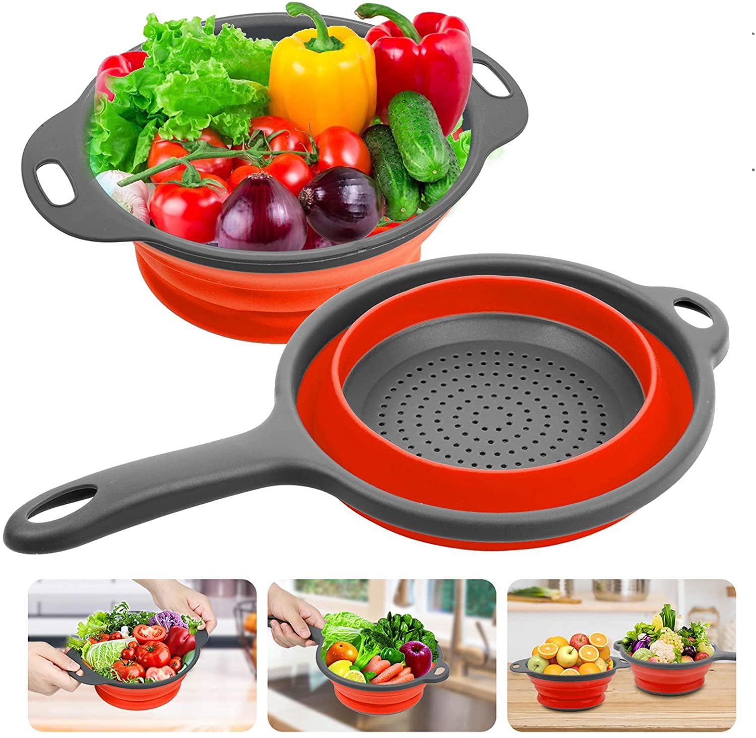 Kepooman Kitchen Portable Collapsible Silicone Colander Strainer Set for Tea Flour Pasta, Set of 2, Red Kepooman Kitchen Portable Collapsible Silicone Colander Strainer Set for Tea Flour Pasta, Set of 2, Red