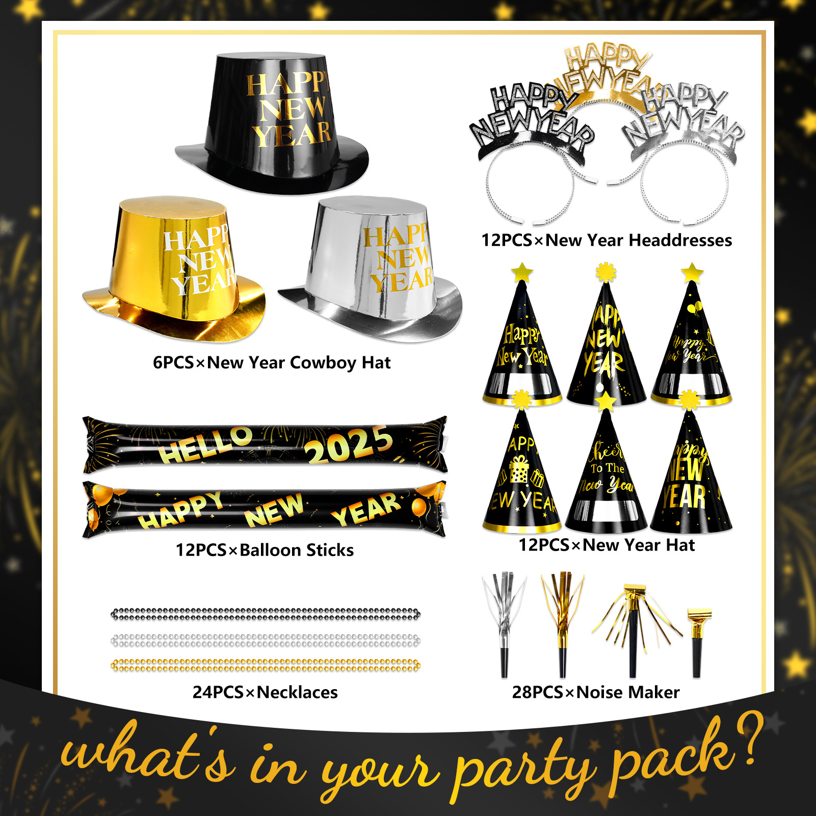 Tumao New Years Eve Decorations 2026 Party Accessories, New Year Party Hats, Headbands, Bead Necklace, Balloon, Partyy Blowouts for Black Gold New Years Eve Decorations 2026, NYE Decorations