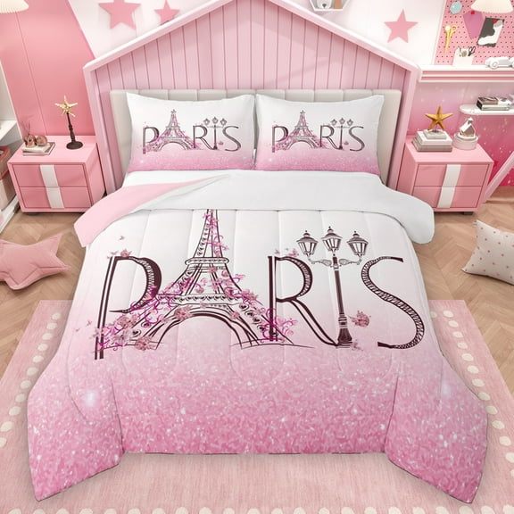 Homewish Girly Pink Eiffel Tower Bedding Comforter Set, Glitter Diamond Twin Comforter Sets, Couple Anniversary Theme Reversible Bedding Set, Ultra Soft Bedroom Decor, 2 Pieces