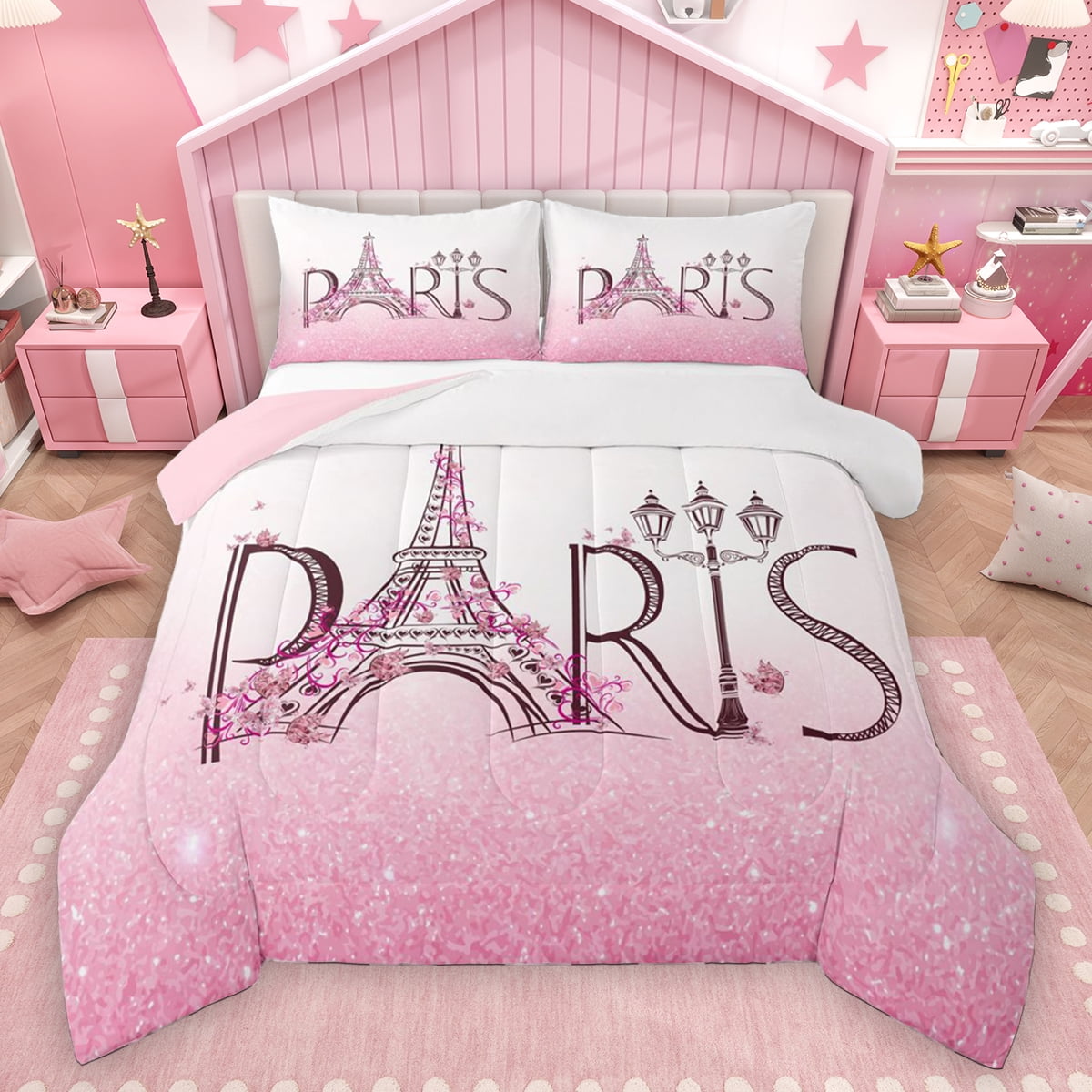 Homewish Girly Pink Eiffel Tower Queen Comforter Set Glitter Diamond Bedding Sets Couple Anniversary Theme Reversible Bedding Comforter Set Ultra Soft Bedroom Decor 3 Pieces