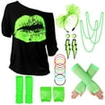 thumbnail image 2 of 80s Costume for Women,80's Off Shoulder T-Shirt Headband Earring Necklace Fishnet Gloves Legwarmers for Women 80s outfit for 80s Party 22PCS, 2 of 7