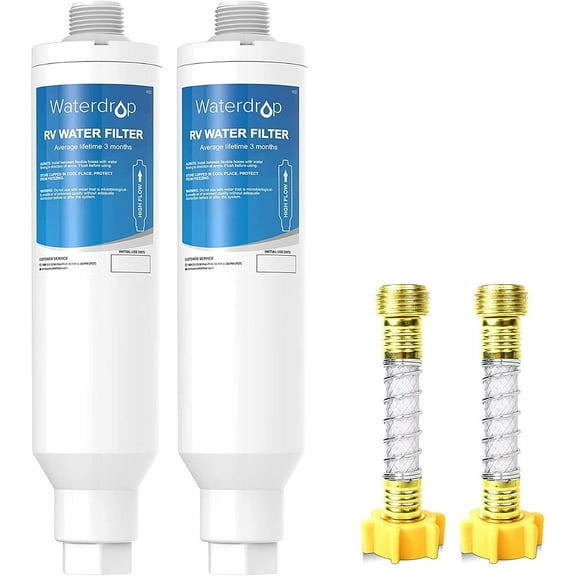 Waterdrop RV/Marine Water Filter with 2 Flexible Hose Protector, Camper Water Filter, Inline Water Filter for RV, Garden Hose Filter, NSF Certified, Greatly Reduces Chlorine, Bad Taste, Odor, 2 Pack