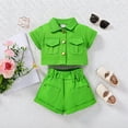 thumbnail image 5 of WOLLED Toddler Kids Girls Summer Outfit Baby Casual Short Sleeve Cotton Tops and Shorts Set Solid Color Button down Shirt Tops Shorts Set for 3-7 Years Old, 5 of 10