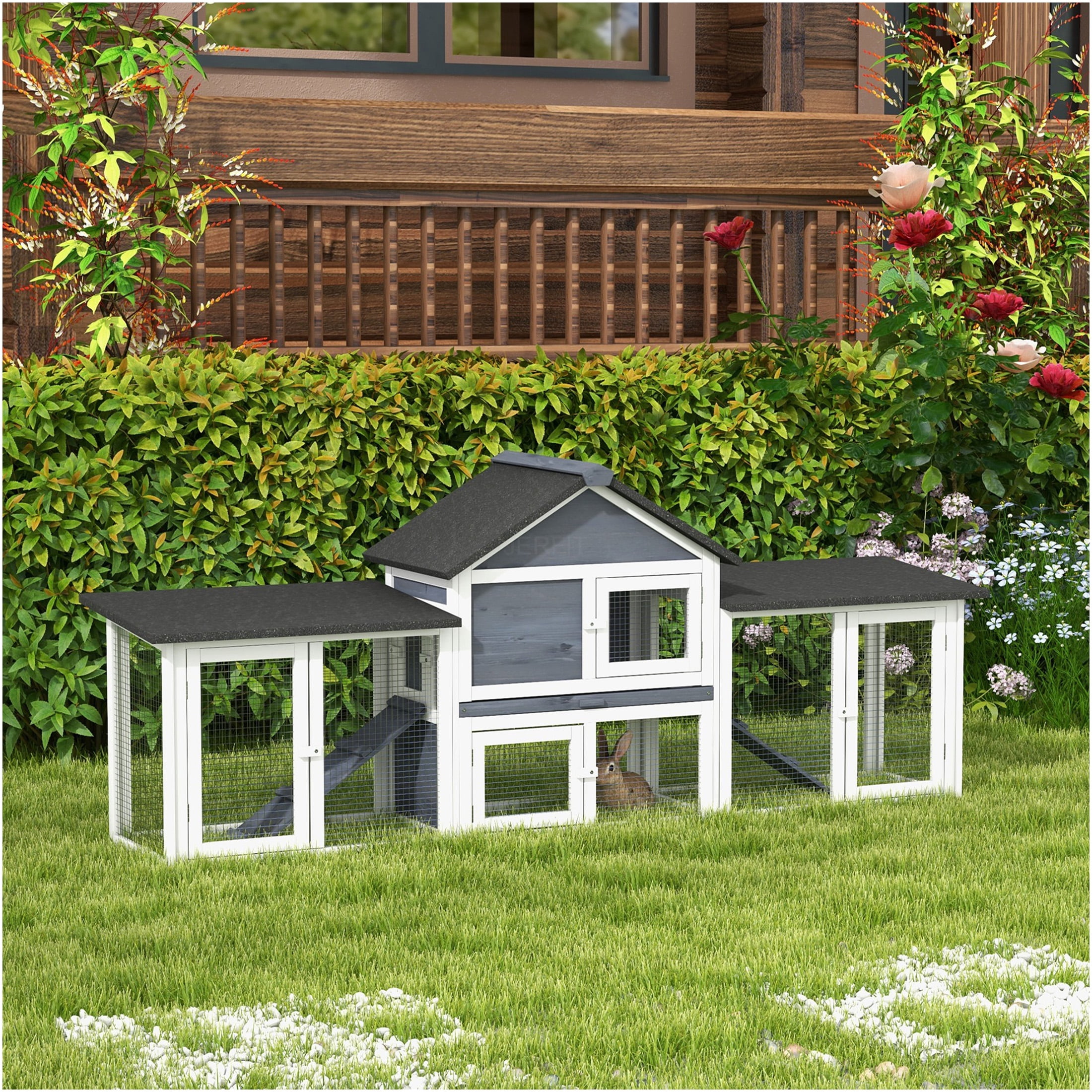 JERFIT 83 Inch Large Outdoor Rabbit Hutch with Double Runs, Weatherproof Wooden Bunny Cage Indoor Outdoor Use, Removable Tray, Gray