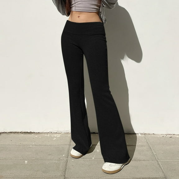 TrendOFT Wide Leg Yoga Pants for Women Y2k Fold Over Low Rise Sweatpants with Pocket Athletic Workout Flare Leggings Black L