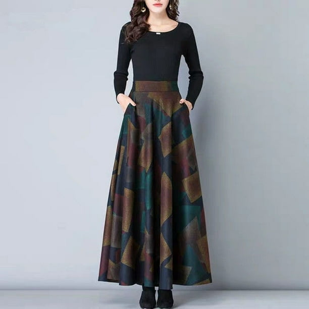 Women Autumn Winter High Waist Pleated Long Maxi Skirt Full Length A Line Dress Walmart