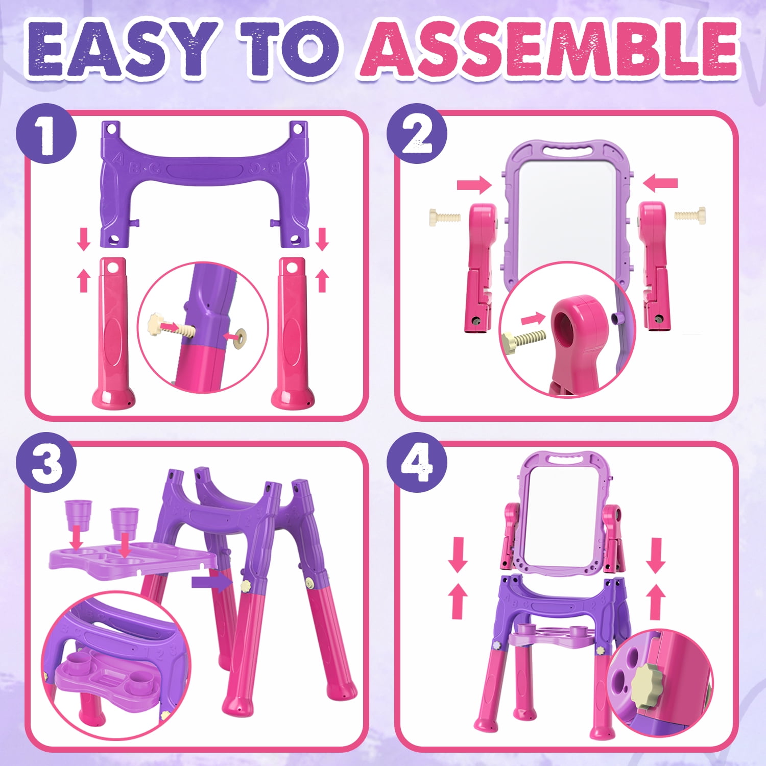 Easel for Kids, Kids Easel 4 in 1 Rotatable Double Sided Adjustable Standing Art Easel Drawing Board White Board Chalkboard for Toddlers Boys Girls with Painting Accessories - Purple