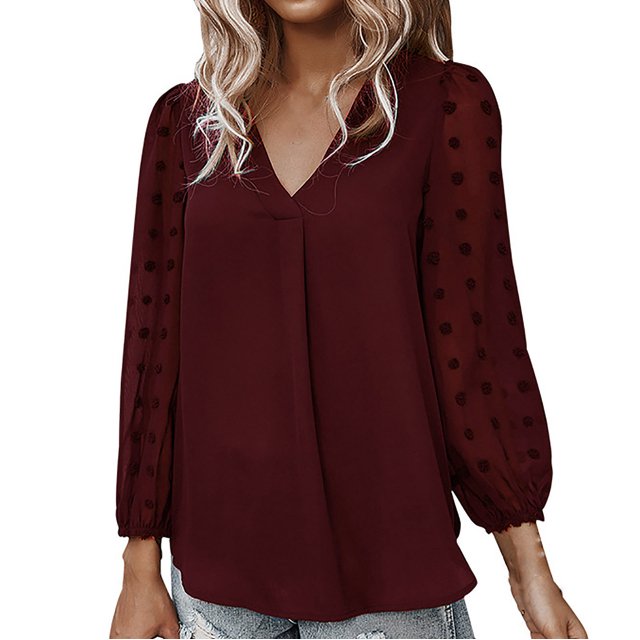 Blusas de chifón de manga larga con cuello en V de color sólido de verano informal a la moda para mujer Fridja czfsfas4321