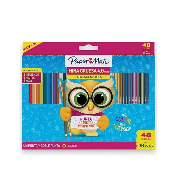 Lápices de Colores Paper Mate Redondos 4.0mm 24 Piezas Unipunta + 12 Piezas Doble Punta