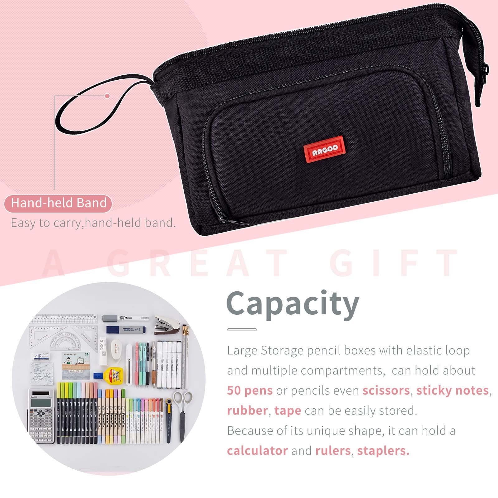 OBOSOE Pencil Case Large Capacity Pencil Pouch Handheld Pen Bag Cosmetic Portable Gift for Office Men Women Adult (Black)