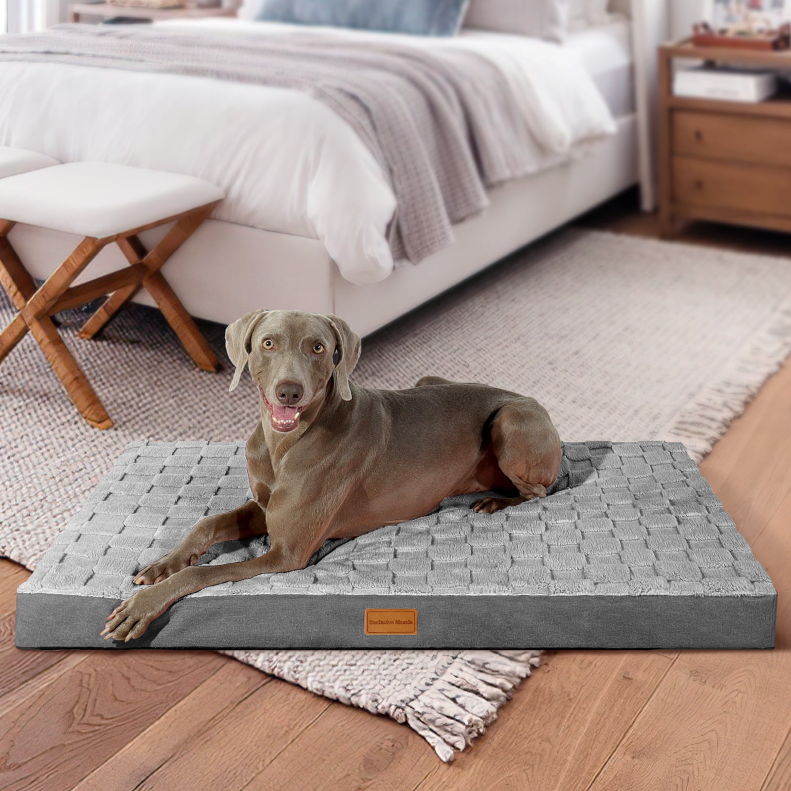 Exclusivo Mezcla Checkered Orthopedic Pet Bed for Extra Large Dogs 48"X30", Waterproof Removable Washable Cover, Gray