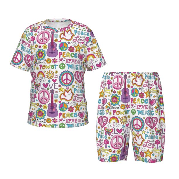 Fotbe Peace Love and Dove Flower Power Pijama Estampada de 2 Piezas para Niños – Ropa de Dormir de Manga Corta Cómoda para Niños y Niñas, Camiseta y Shorts de Algodón-Large