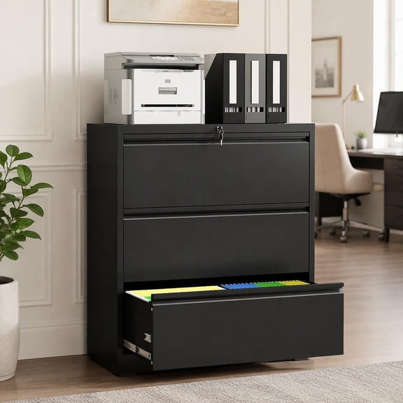 3-Drawer Steel Lateral File Cabinet 35.4" Wide, Locking Anti-Tip Storage for Home Office, Letter/Legal/A4 Files, Black