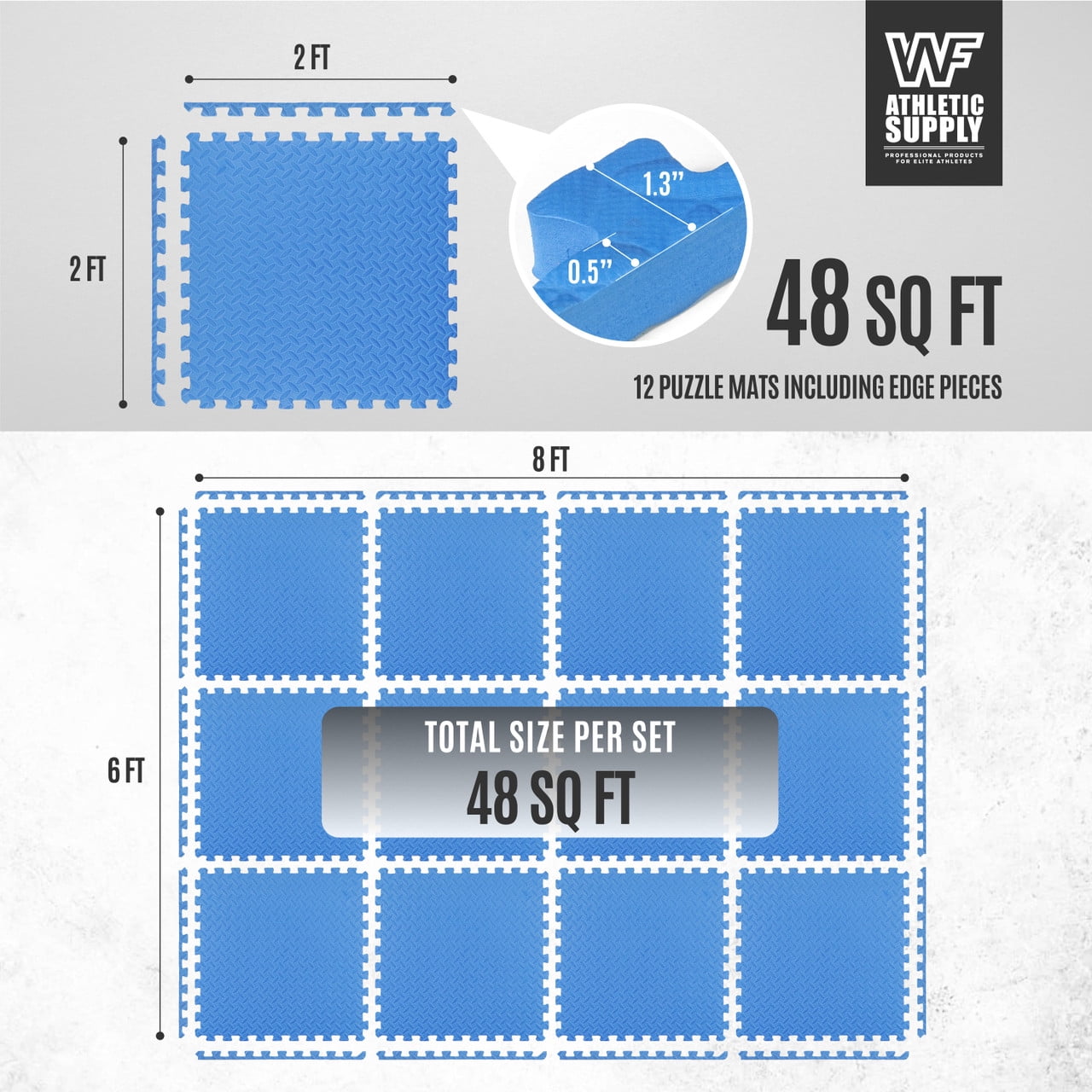 WF Athletic Supply 48 SQ.FT Diamond Pattern 1/2-Inch Thickness Interlocking Exercise Foam Mats, Extra Thick Eva Foam Flooring Tiles, Gym Fitness Equipment Mat, Home Protective Flooring Cushion, Blue