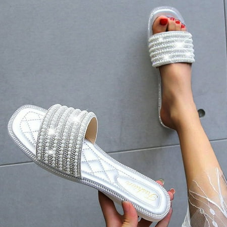 

YTJX Summer New Fashion Sequin Pearl Women s Slippers Flat Sandals Large Size