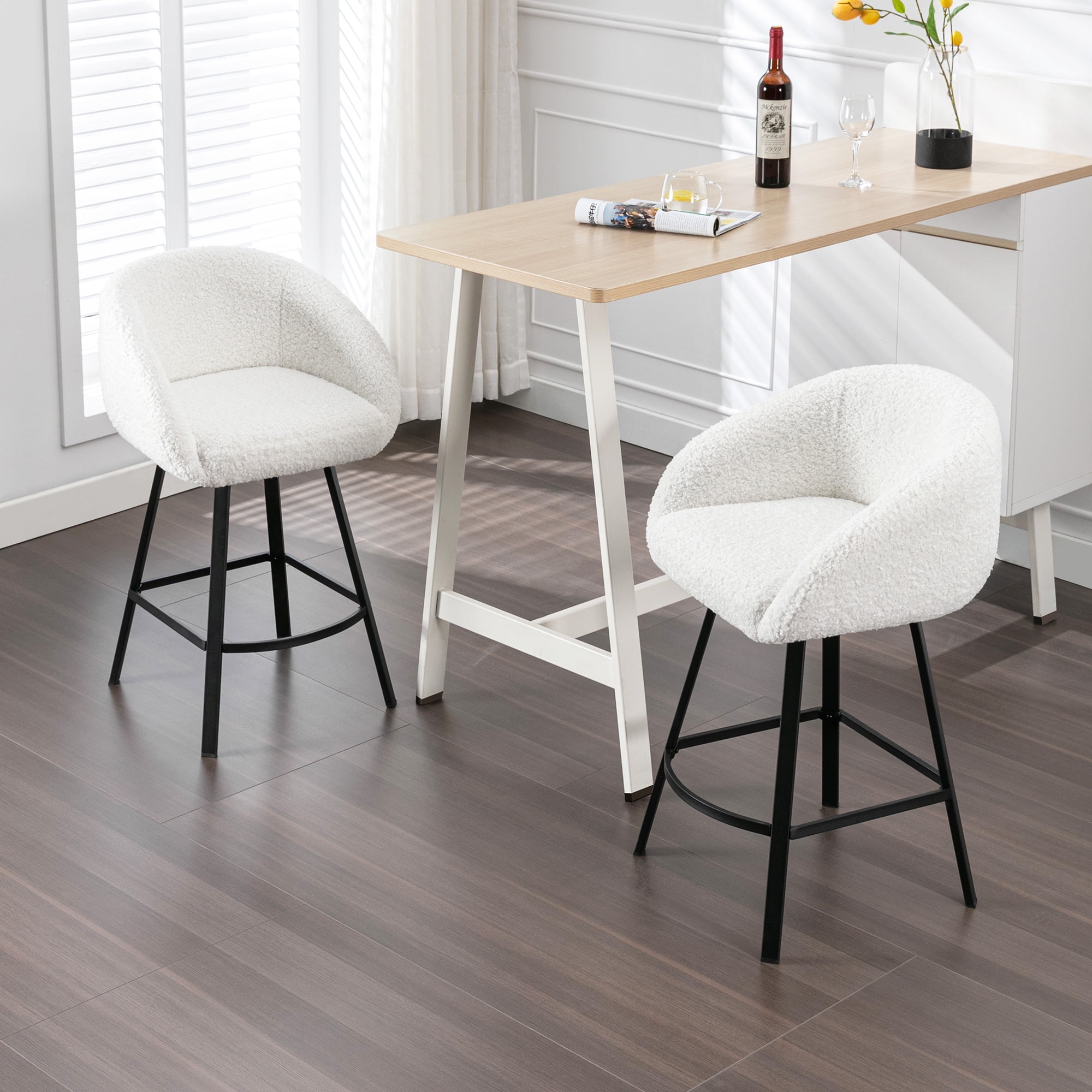 Zesthouse Swivel Counter Height Bar Stools Set of 1, 26.4" Counter Height Sherpa Upholstered Barstools with Barrel Back and Arms, Modern Counter Stool for Pub Kitchen Island, White