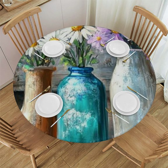 Patifu Daisies Round Tablecloth Stain-Resistant Washable Elastic Edge Outdoor Fitted Home Decor for Restaurants Weddings Parties 31"-35
