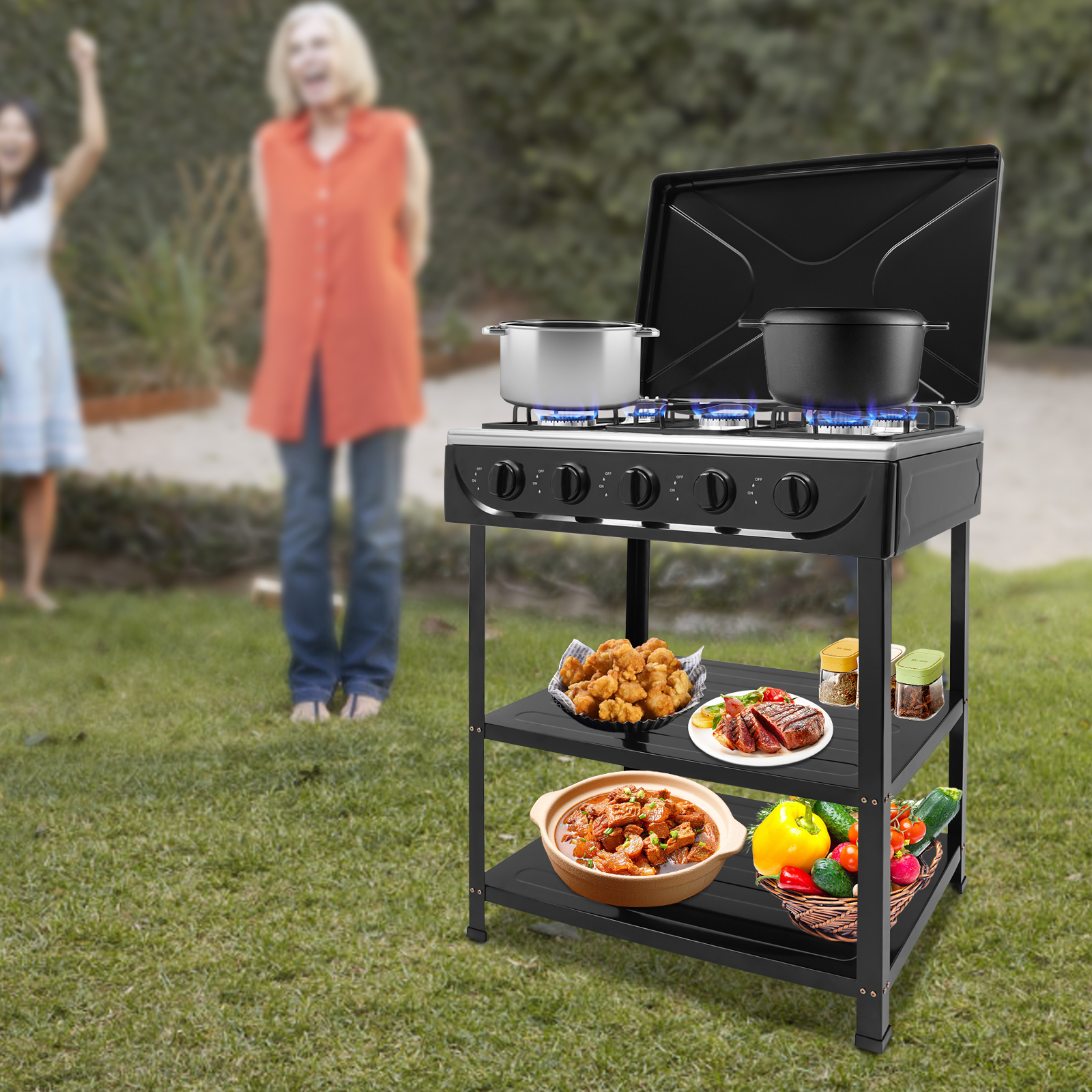 Natural Gas Stove with 5 Burners, Outdoor Camping Cooking BBQ Grill with 2-Tier Storage Rack