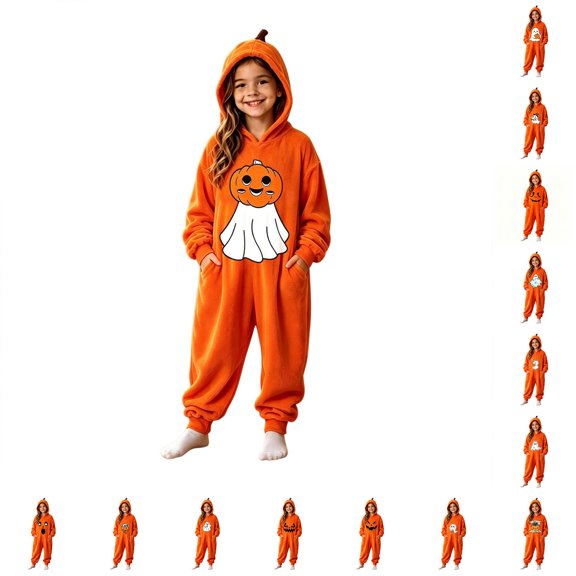 JAJAHO Boys Girls Pumpkin Face Jumpsuit Soft Flannel Pajama Halloween Long Sleeve Loose Hooded Onesie For Kids 4-14Y