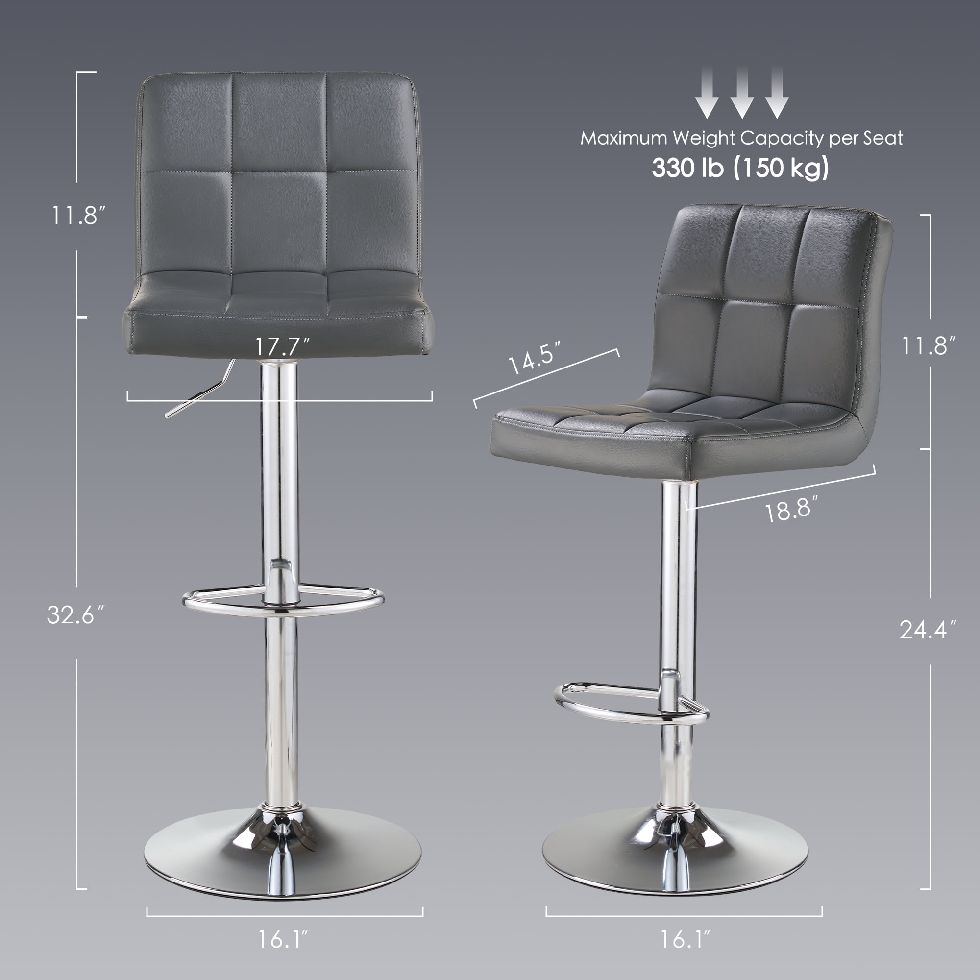 AUNEKIV Bar Stools Set of 2, Thickened Seat Cushion Square Swivel Bar Stools with Back, Adjustable Counter Height Bar Chairs for Kitchen Island, Dining Room, Dark Grey