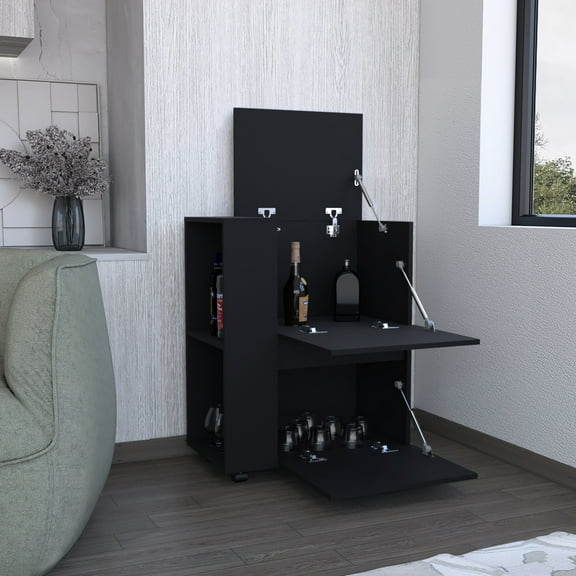 Black Bar Cart, 2 Pull-down Door Cabinets & Open Shelves, 32.2"h X 25.8"w 14.7"d Compact, Laminated Particle Board, Swivel Wheels With Brake Facility Doors And Function