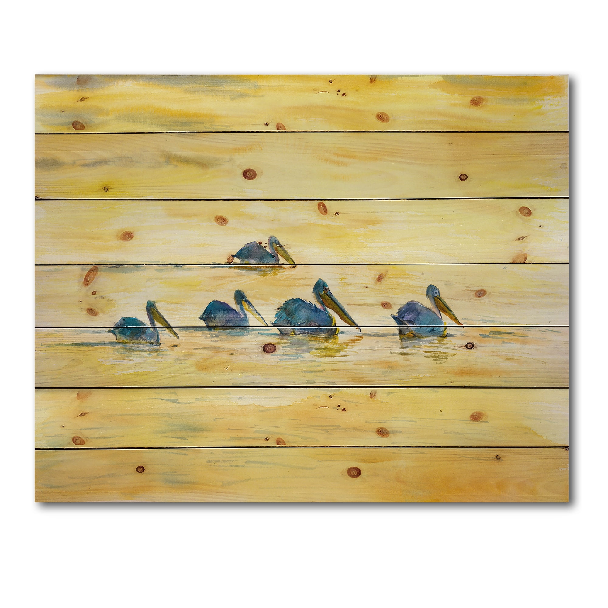 Designart 'Pelicans Birds On The Yellow River' Farmhouse Print on Natural Pine Wood