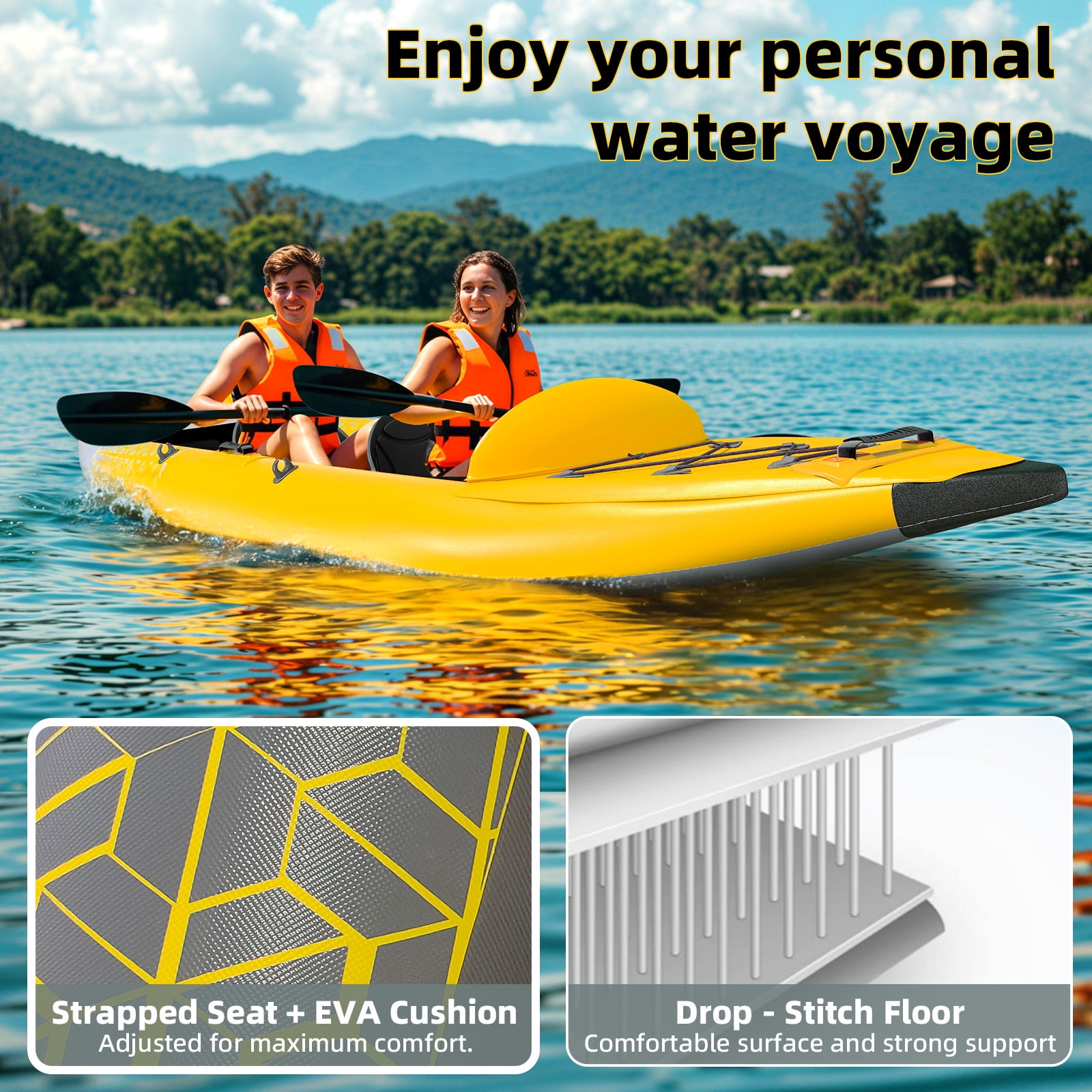 Danrelax 2-Person Inflatable Kayak for Adults, Drop-Stitch Floor, Tandem Kayak, Yellow