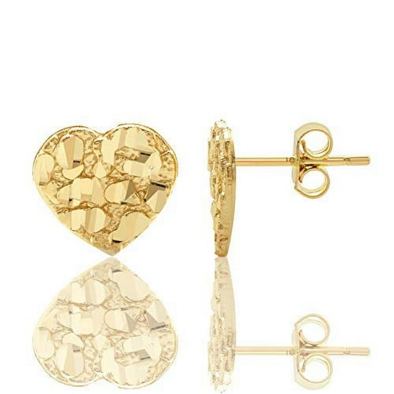 LoveBling 10k Yellow Gold Heart Nugget Stud Earrings (0.41" x 0.43")