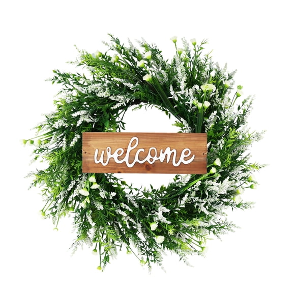 Artificial Lavender Welcome Wreath for Front Door and Wall Decor, Indoor Outdoor Spring Floral Arrangement, Fade Resistant and No Maintenance（White)
