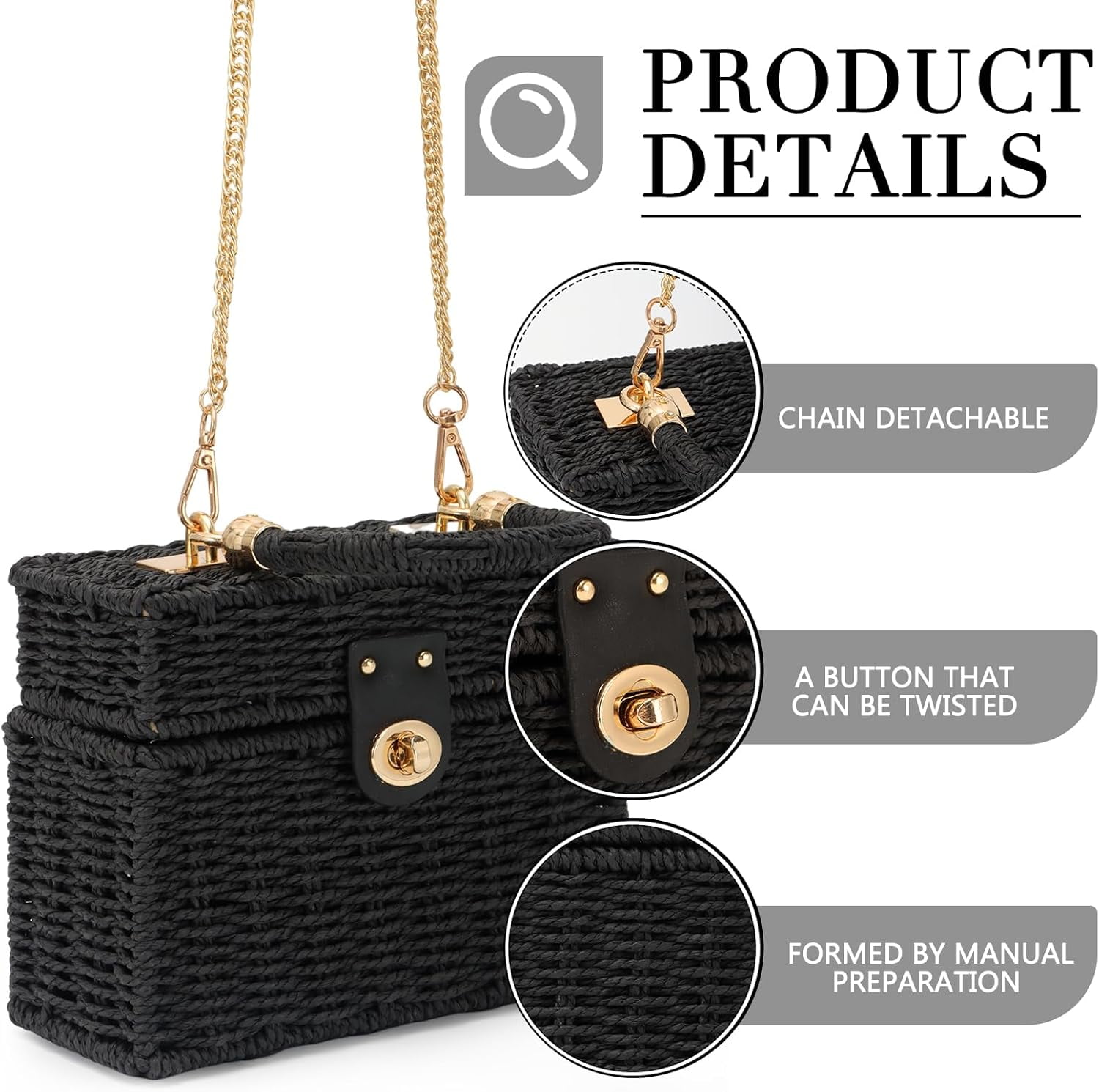 Women Handwoven Rattan Handbag Beach Straw Tote Bag Square Boho Crossbody Bag