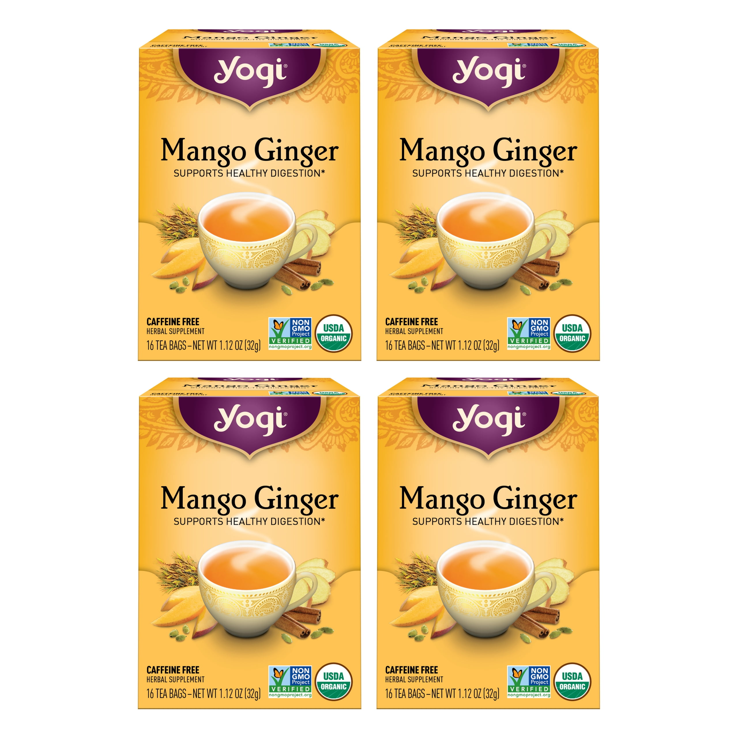Yogi Tea Mango Ginger, Caffeine-Free Organic Herbal Tea, Wellness Tea Bags, 4 Boxes of 16