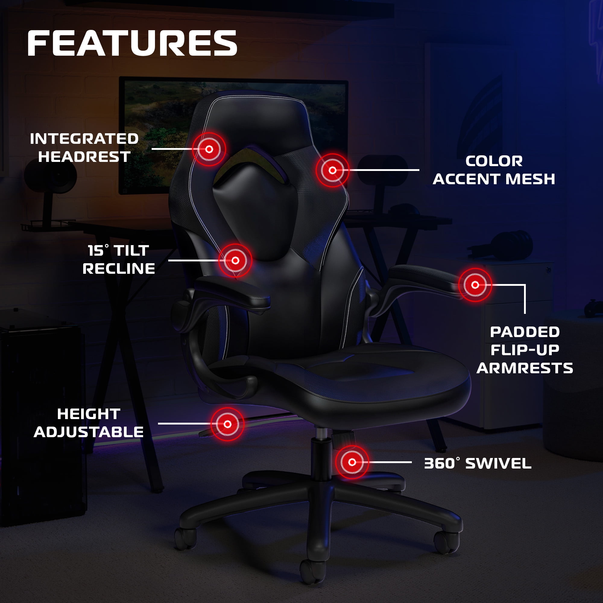RESPAWN 3085 Ergonomic Gaming Chair for Adults, High Back Office Chair with Headrest and Flip Up Arms, Leather Racing Style Gaming Seat with Lumbar Support, Video Game Computer Desk Seat - Black