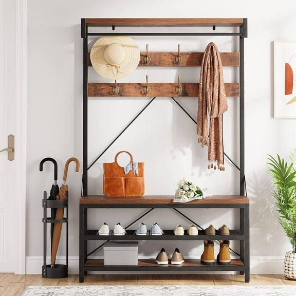 EastVita Coat Rack Shoe Bench Industrial Hall Tree Storage Bench for Entryway Wood Look Accent Large Shoe Rack Bench with Storage Shelf Hanging Bar,8 Hooks Grey 39.9"x15.7"x72"