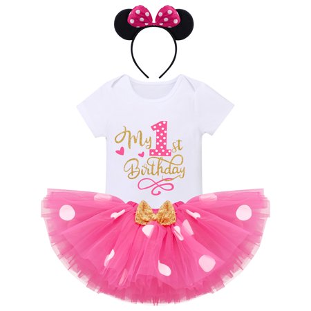 

IBTOM CASTLE Baby Girls Cake Smash First Birthday Clothes Polka Dots Romper Tulle Dress Mouse Ear Princess Outfits 1 Year Hot Pink-My Birthday