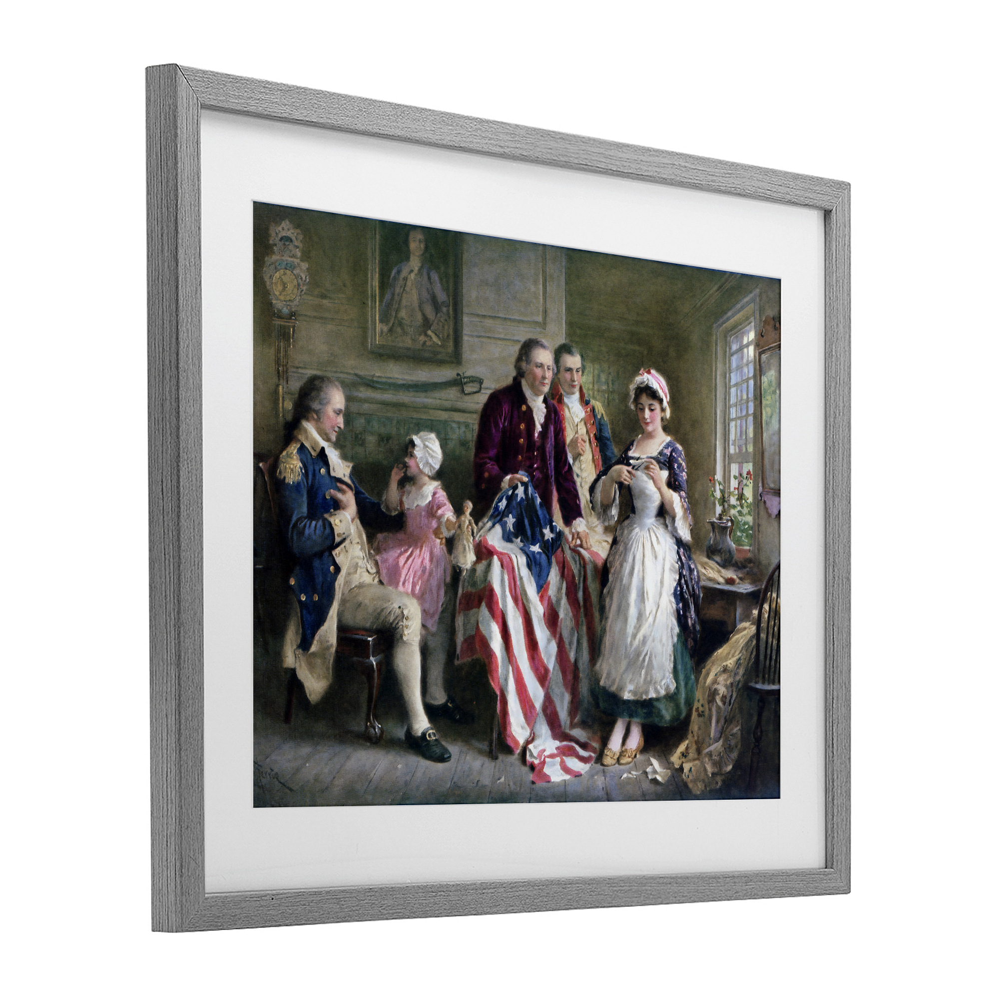 Historical Betsy Ross Gray Framed Print Under Glass, design by Arlington Prints