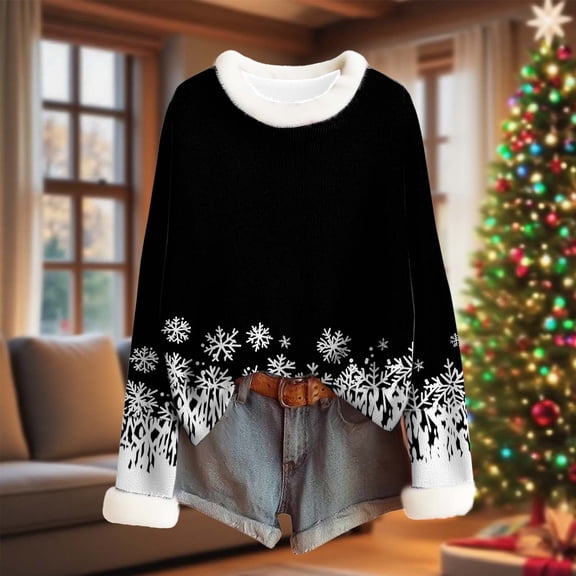 GaThRRgYP Plus Size Tops,Ladies' Winter Non Positioning Christmas Printed Long Sleeved Coarse Woven Stripe Round Neck Pullover Top Black S