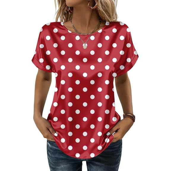 OIOLOYJM Womens Short Sleeve Tops 2026 Polka Dot Satin Casual Shirts Summer Crew Neck Loose Pullover Trendy Fashion Outfits Red M
