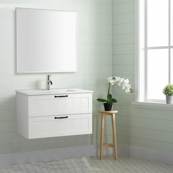 Spaco 31.5" Bathroom Vanities Cabinet with Sink Combo and Soft-Close System, Wall Mounted Floating Cabinet with Decor Line and 2 Extra Big Drawers, White