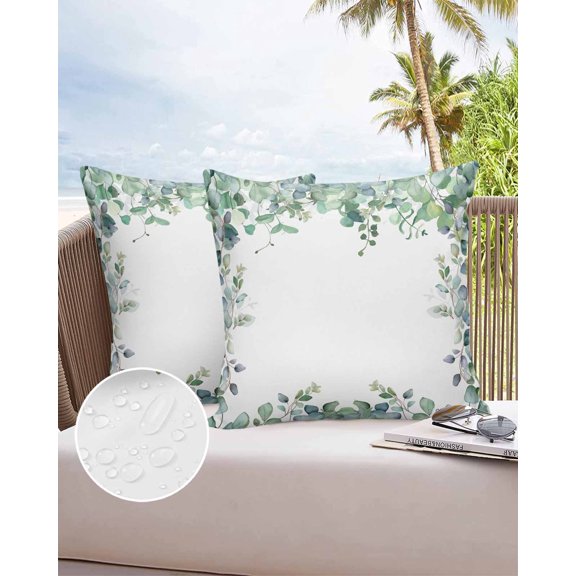 Outdoor Pillow Covers Throws Green Eucalyptus Botanical Leaves,Waterproof Pillow Cases Pack of 2 Plant Vines on White,Durable Cushion Cover Pillowcase for Patio Balcony Couch Garden