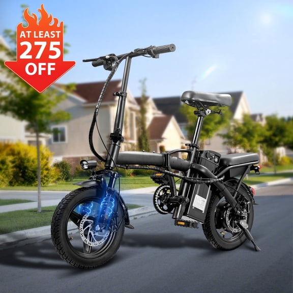 Rexei Yeki 48V 400W Adult Electric Bikes,14" Tires, 19-22mi Range, Dual Disc Brakes, Adjustable Seat, Folding Design.