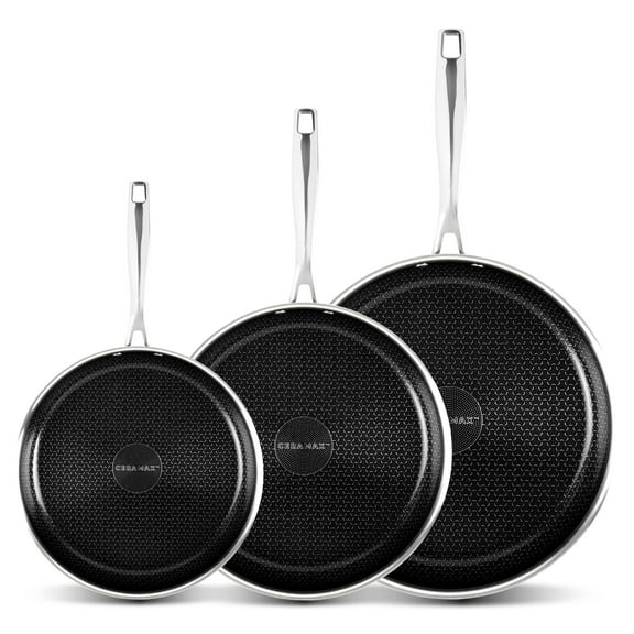Ceramax 3pc Non Stick Frying Pans Set, 8, 10, 12 inch 3 Layer Tri-Ply Ceramic Frying Pan Skillet Set with Tritanium Nonstick Technology, Micro Textured Ceramic Etched Design, Induction Ready, Black