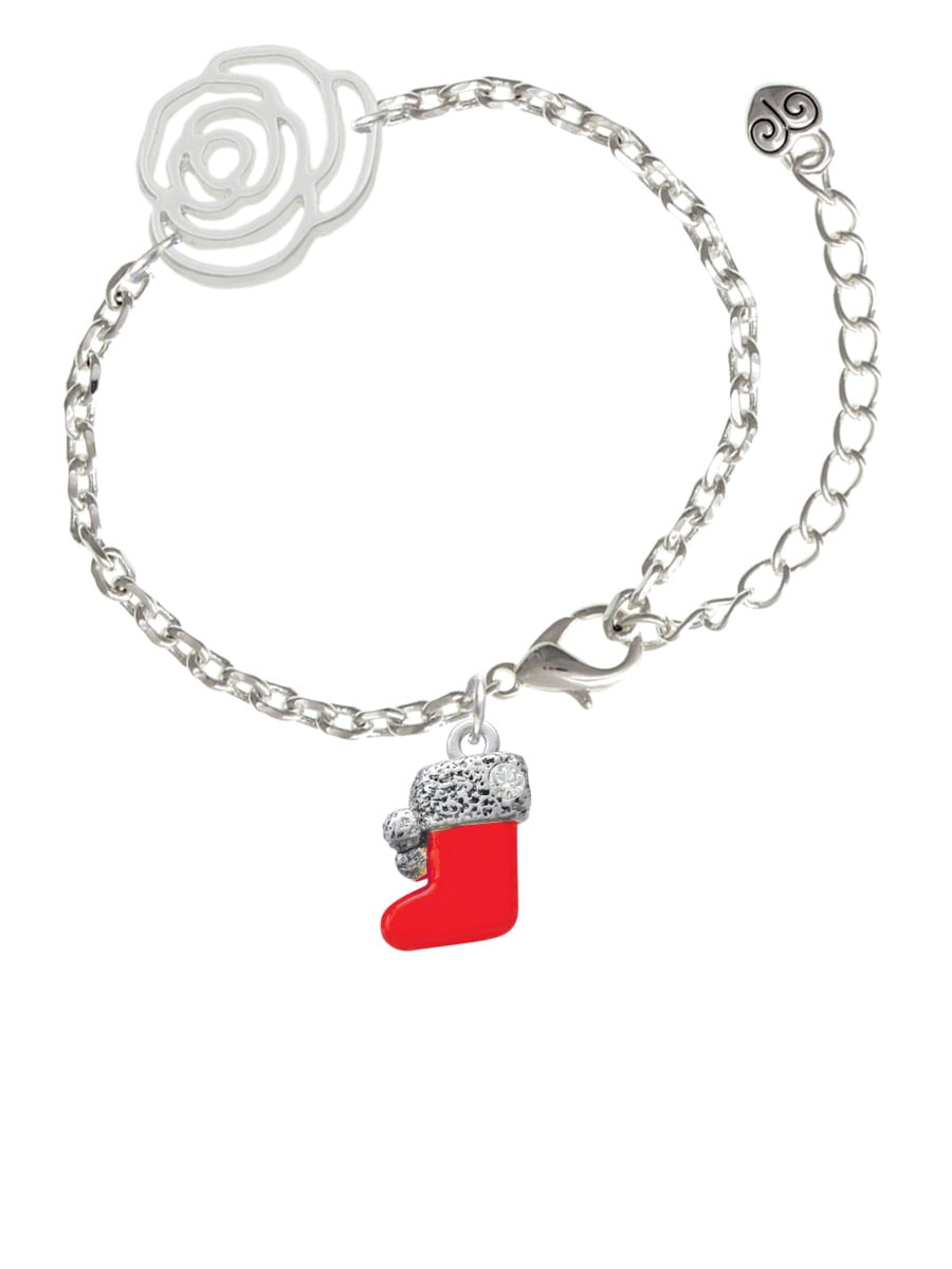 Delight Jewelry Silvertone 3-D Red Christmas Stocking Silver-tone Flower Link Chain Bracelet, 6.75"+2" Extender