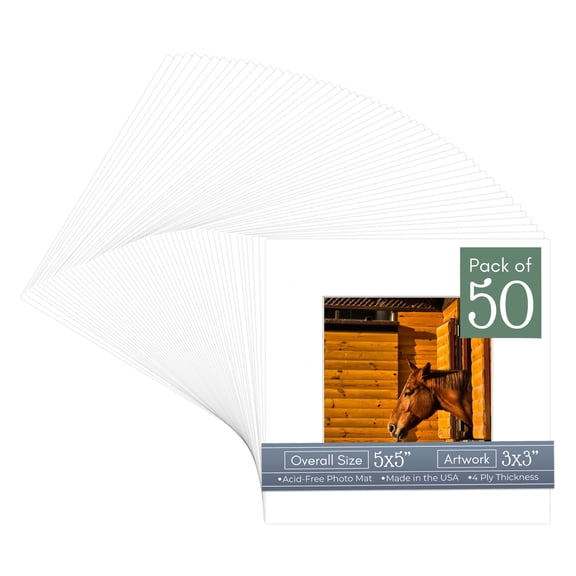 White Picture Frame Mat for 5x5 Inch Frames - Fits 3x3 Photos - 50 Mats
