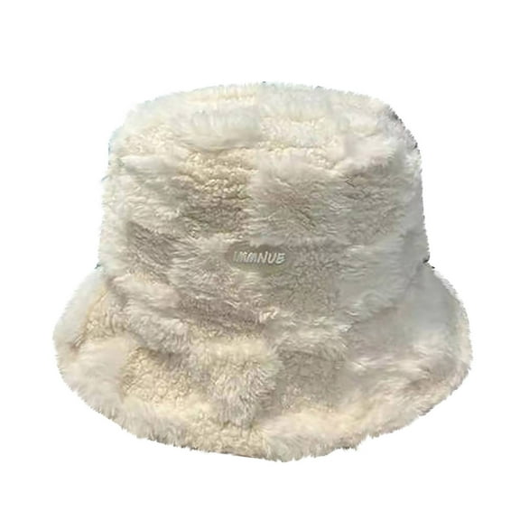 ZQUUVOU Winter Bucket Hat for Women Plaid Faux Fur Furry Bucket Hat Lamb Plush Soft Fluffy Warm Hat Plush Fishing Hat White