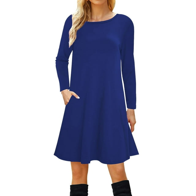 Vestido camiseta de manga larga para mujer: corte holgado informal, bolsillos, largo midi hasta la rodilla