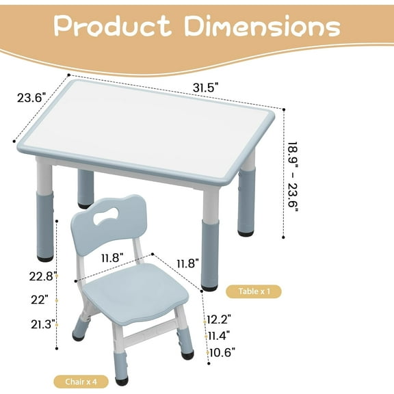 Acekid Table And Chair Set For Ages 2-10 Height Adjustable Toddler Table And 4 Chairs Set Graffiti Desktop Non-Slip Legs Children Activity Table For Daycare Classroom Home Light Gray