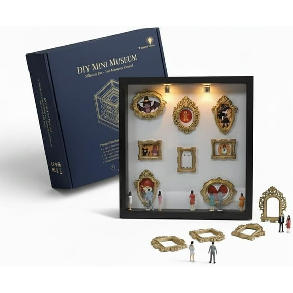 DIY Mini Museum Silhouette Box – Celebrate Your Unique Memories in Style, Lighted Shadow Frame Kit with 8 Gold Miniatures & 10 Figurines, Personalized 10x10 Photo Display