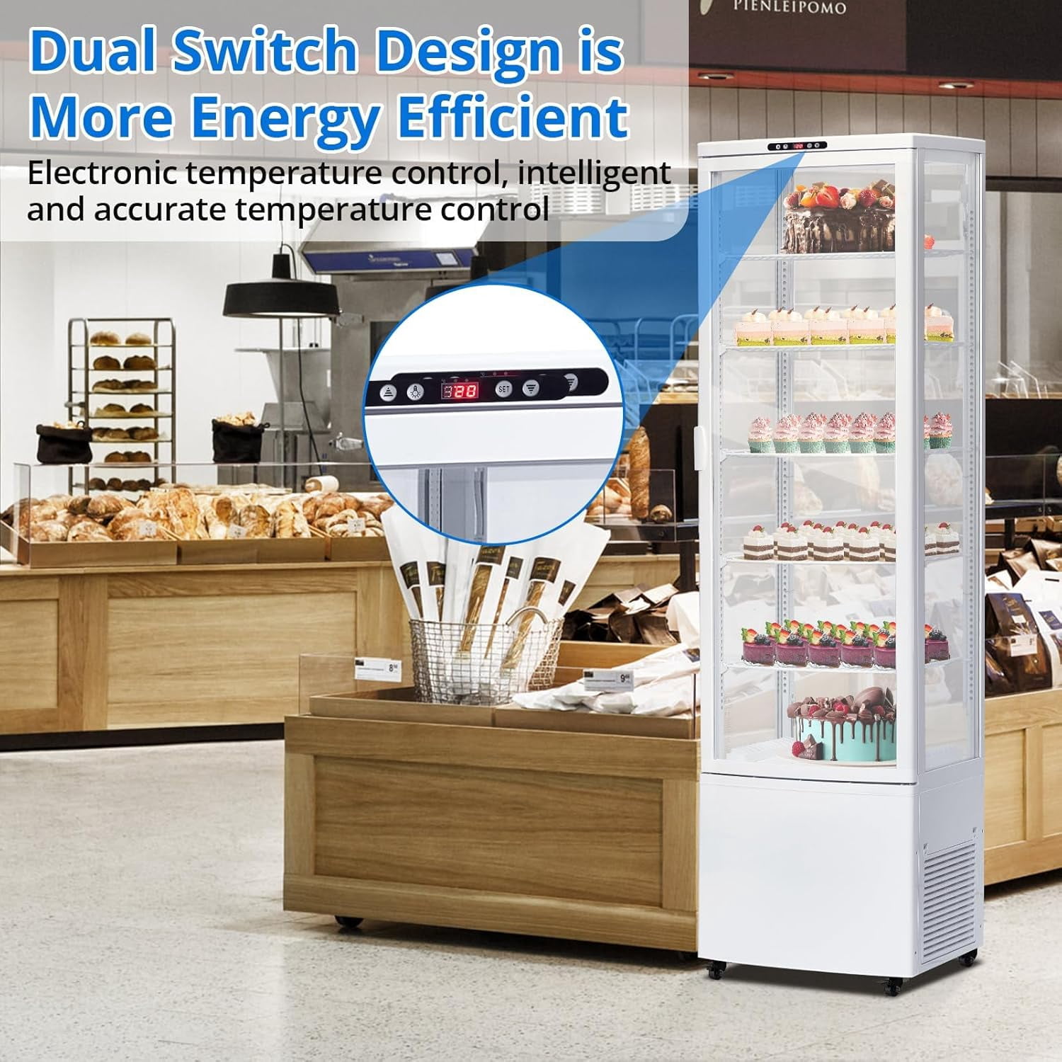 IdealHouse 10.5 Cu.Ft Refrigerated Display Case, Floor-Standing Display Refrigerator with LED Light and Adjustable Shelves, Commercial Display Fridge with Casters for Cakes, Coffee, Bakery