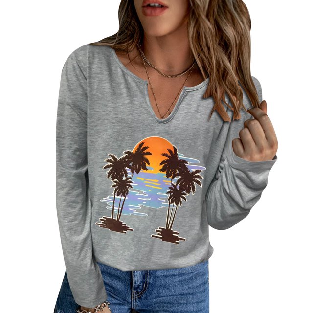 Sudadera Mujer Cuello En V Manga Larga Loose Fit Coconut Tree Print Casual Pullover Top Gris L