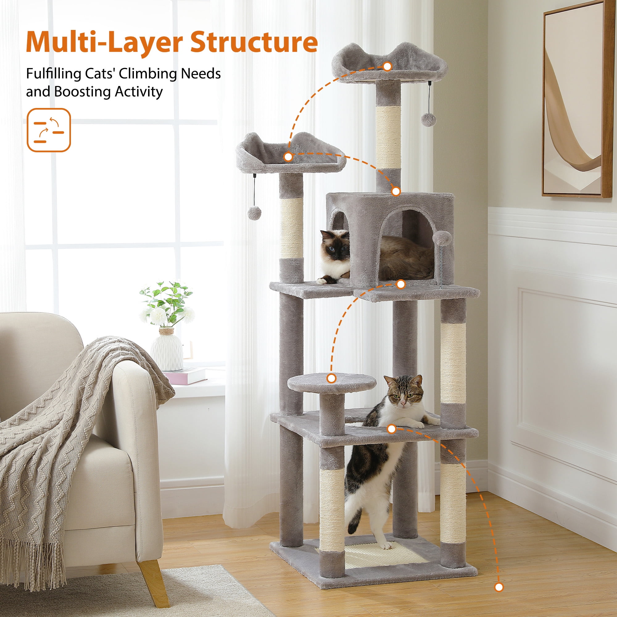 Kadyn 63" Cat Tree Tower for Indoor Cats, 4 Levels Platform Cat Condo for Large Cats with Fully Scratching Posts, Gray